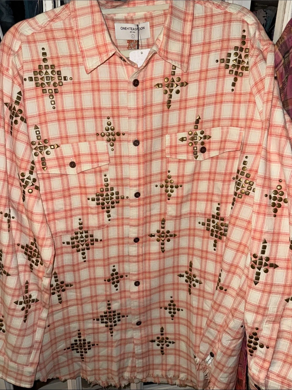 FREE PEOPLE X ONE TEASPOON LUNAR STUDDED COTTON FLANNEL BUTTON DOWN NWT sz L - Picture 3 of 4